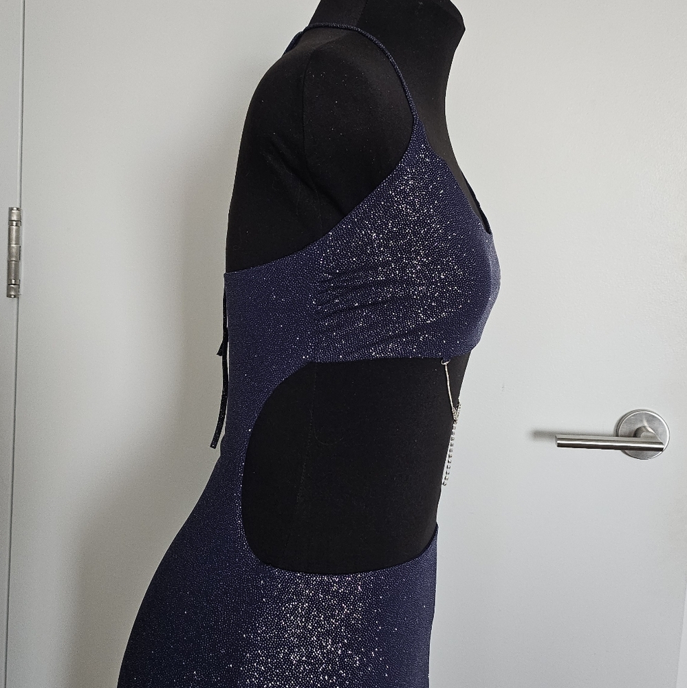 Lucy In The Sky Midnight Blue Sparkly Cutout Maxi Dress With Rhinestone Chain - Picture 8 of 11